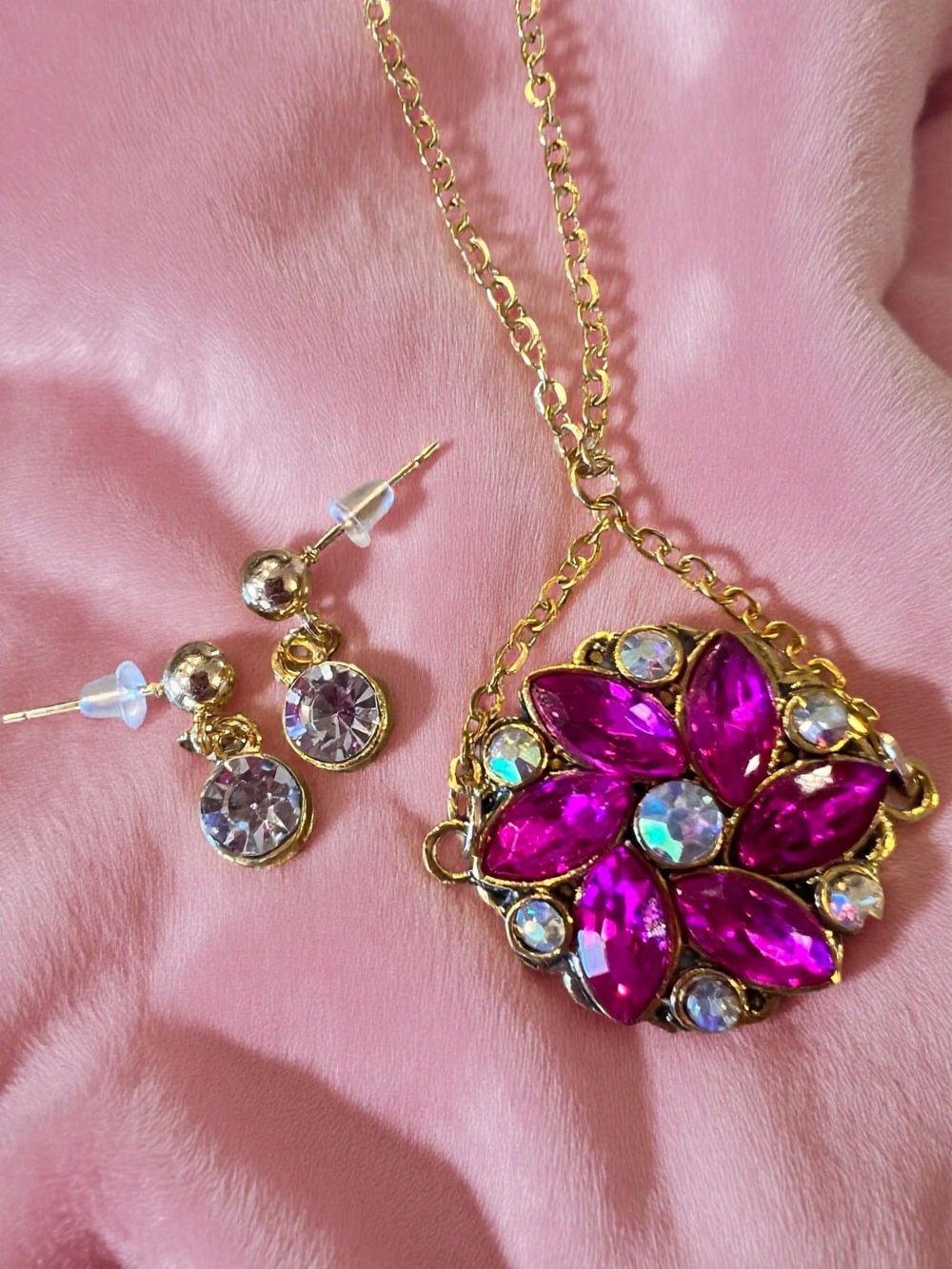 Gold-Tone Fuchsia Crystal Flower Pendant Necklace and Earring Set